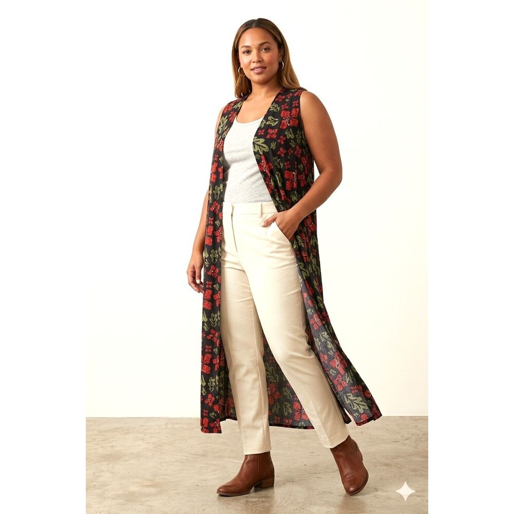 LuLaRoe Joy Long Sleeveless Duster Vest Black w/ Red Hibiscus Floral Print Sz S